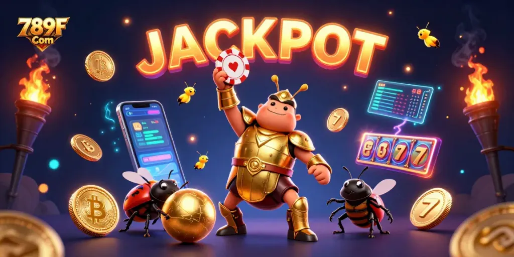 Engage with 789F Com in this vibrant, action-packed casino scene featuring a victorious beetle.