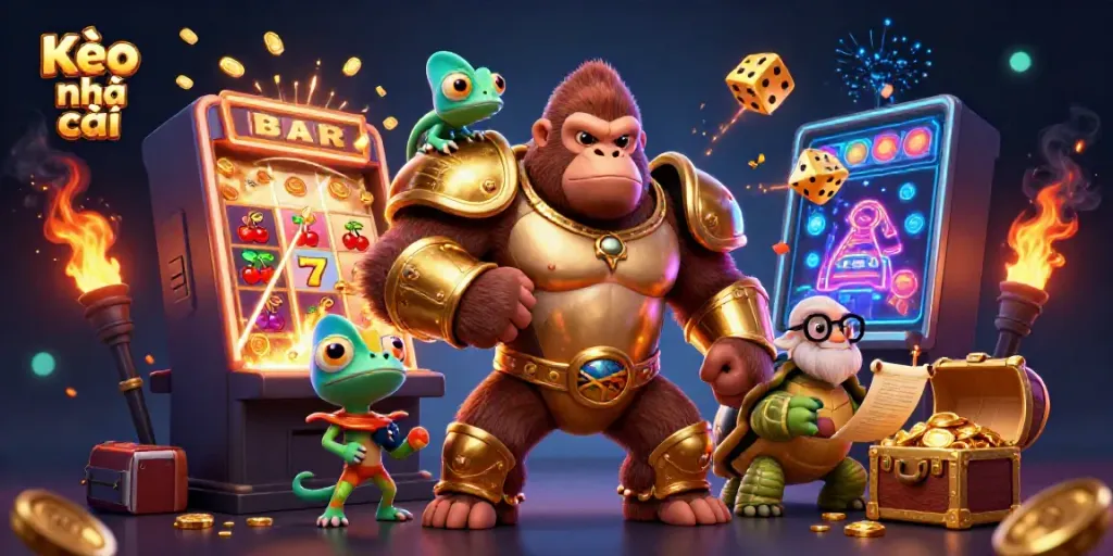 Engage with Kèo nhà cái through an action-packed 3D illustration featuring a gorilla king and gambling themes.