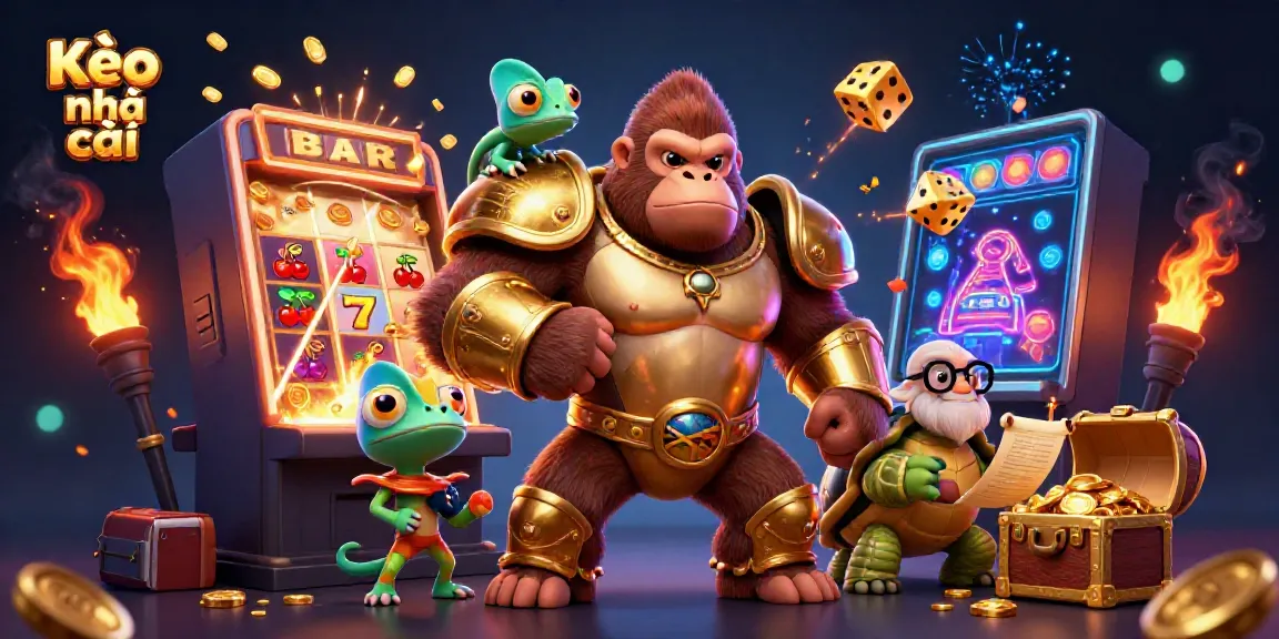 Engage with Kèo nhà cái through an action-packed 3D illustration featuring a gorilla king and gambling themes.