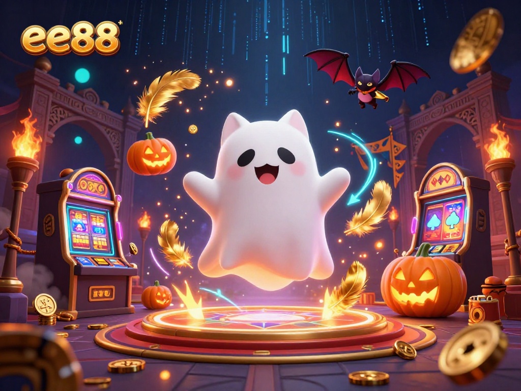 Experience thrilling gameplay at ee88 with a friendly ghost cat and vampire bat in a haunted casino.