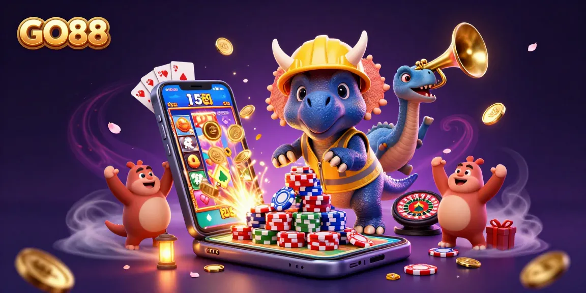 GO88 showcases a colorful casino scene with vibrant characters celebrating gambling victories.