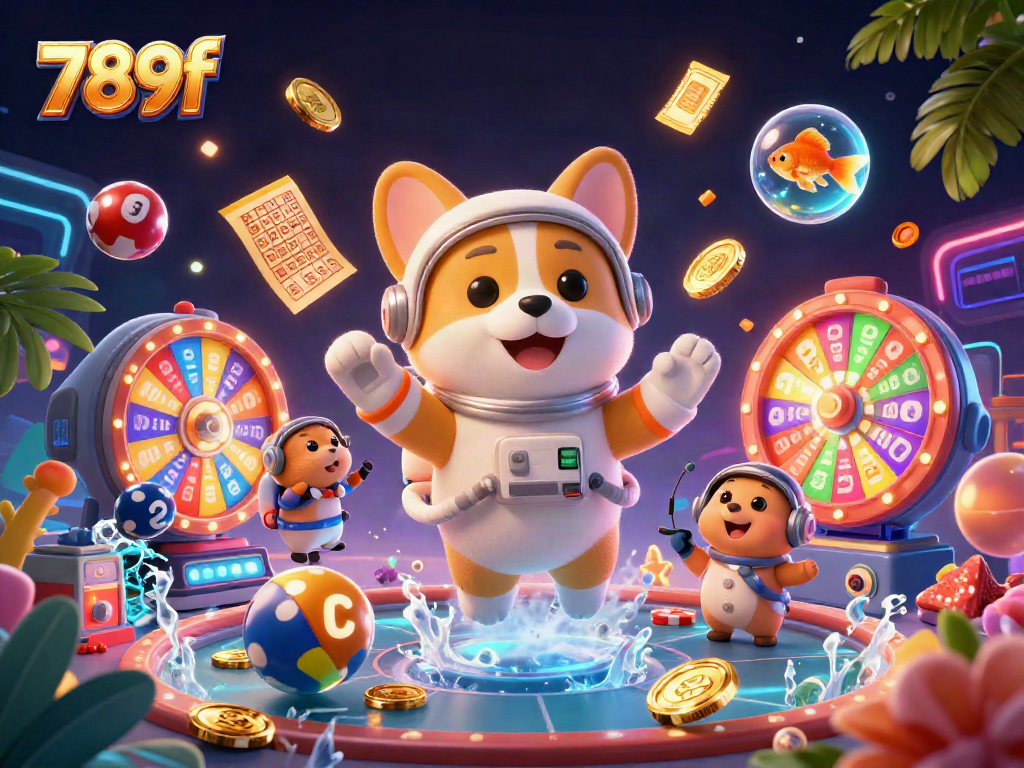 Watch a 789f astronaut corgi in a dynamic casino scene, surrounded by bouncing lottery balls and golden tickets.