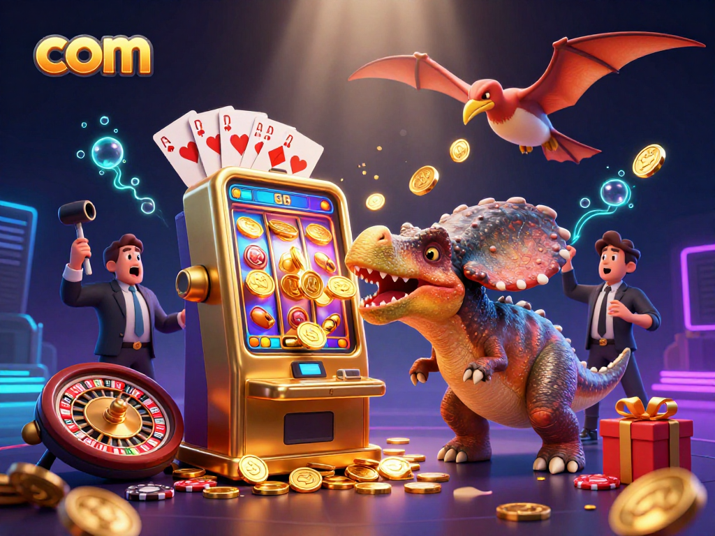 Win big with com; a blue pachycephalosaurus and colorful slot machine create high-stakes excitement in a casino environment.