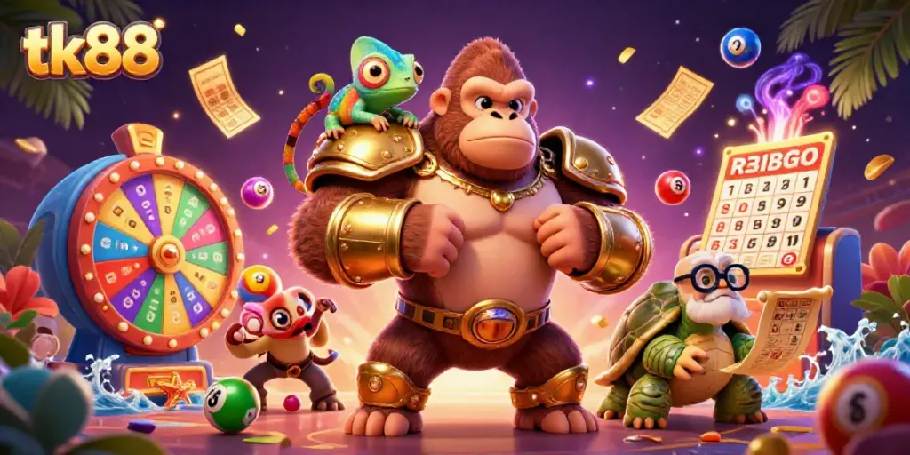 Engage with tk88 gaming action featuring a colorful gorilla king, chameleon, and tortoise amidst a vibrant casino scene.
