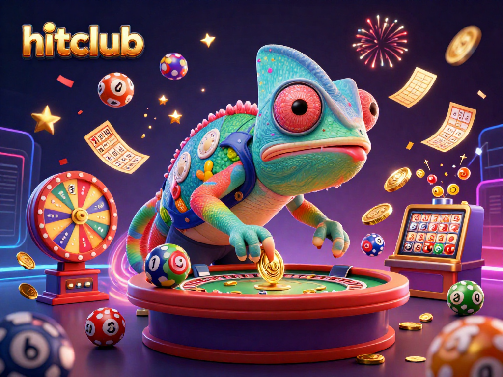 Experience the excitement of hitclub with chameleon casino owner amidst dynamic gaming elements and golden coins.