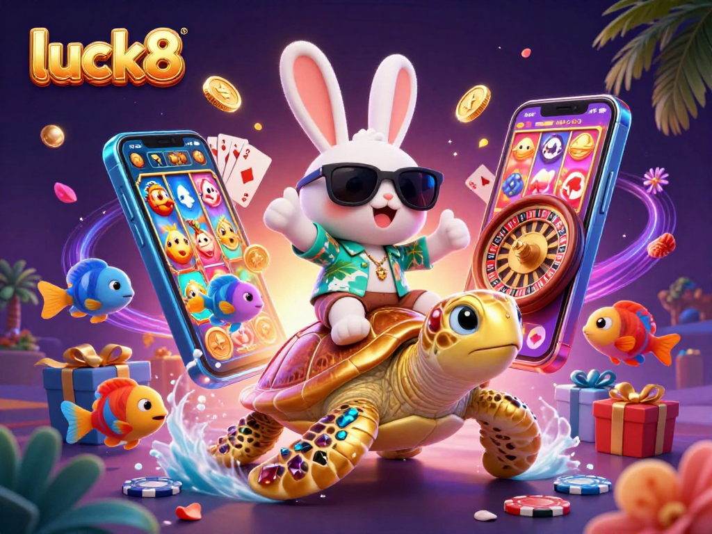 Enjoy winning at luck8 with a playful lucky rabbit and golden turtle amidst vibrant casino action.