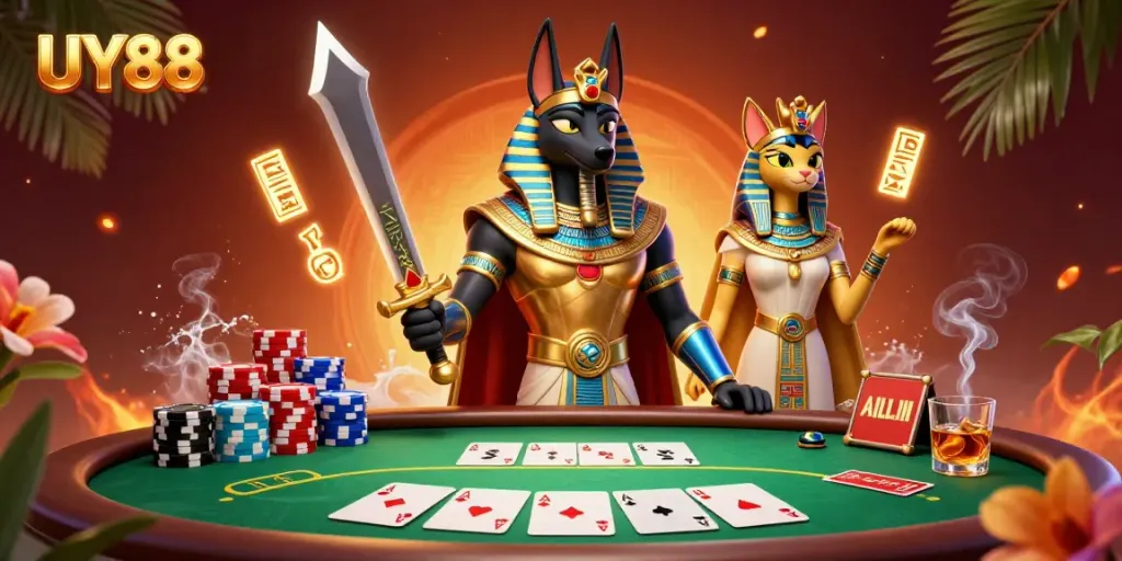 Experience the thrill of UY88 with an Egyptian-themed casino scene featuring Anubis and Bastet.