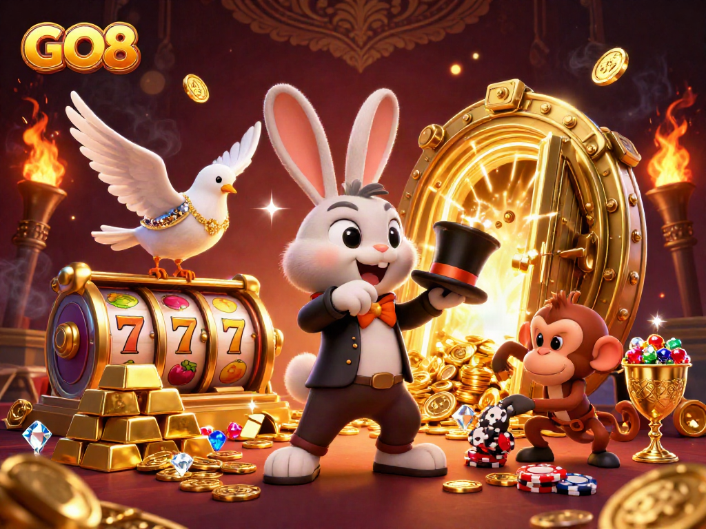 Engage with GO8 in a vibrant casino world featuring a magician rabbit, glamorous dove, and crafty monkey.