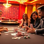 Fun 88 poker players celebrating wins at a vibrant casino scene with colorful chips.