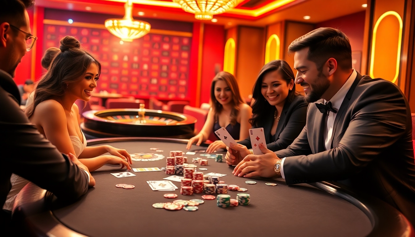 Fun 88 poker players celebrating wins at a vibrant casino scene with colorful chips.