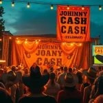 Dynamic crowd celebrating at johnnycashbirthday.com with live music and nostalgic decorations.