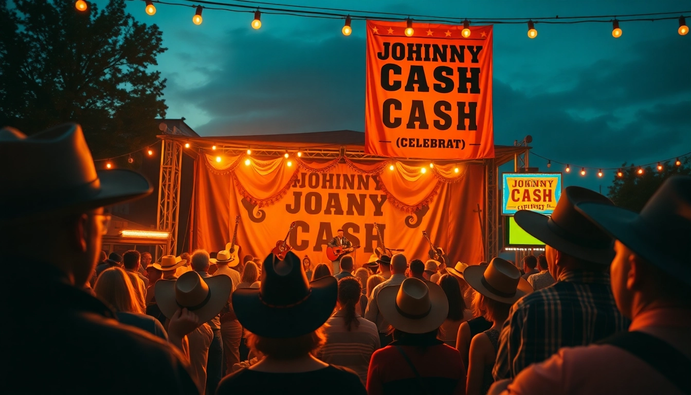 Dynamic crowd celebrating at johnnycashbirthday.com with live music and nostalgic decorations.