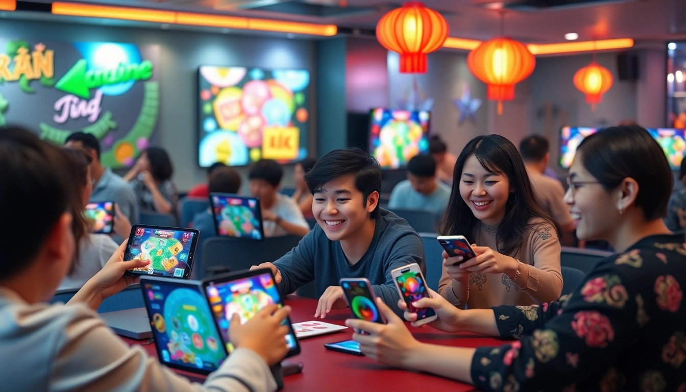 Dynamic online gaming scene with players engaged in card games at gamebaidoithuong.com.vc