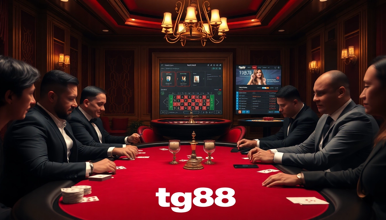 Engage in thrilling poker action as players bet big at tg88 casino, showcasing a luxurious gambling atmosphere.