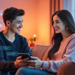 Engaging atmosphere with an AI girlfriend companion in a futuristic living room.