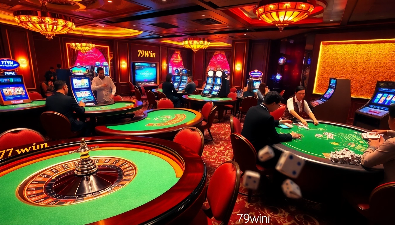 Experience the excitement of 79win with players enjoying high-stakes poker and vibrant casino tables.