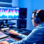 Audio engineer demonstrating online audio mastering techniques at a sound studio.