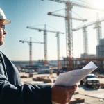 New York Construction Manager evaluating plans at an active construction site.