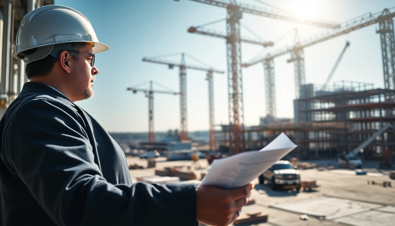 New York Construction Manager evaluating plans at an active construction site.