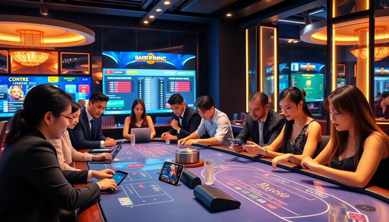 Dynamic online casino scene at w88.nyc showcasing players enjoying Baccarat and Blackjack in a luxurious digital environment.