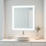 Admiring a stylish elegant LED mirror reflecting light in a chic bathroom setting.