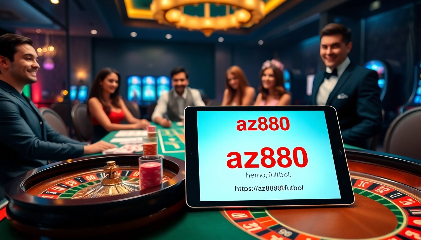 Engage with the exciting world of gambling at https://az888.futbol, featuring a luxurious casino table and vibrant players.