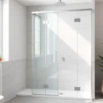 Moderne duschkabine 100x100 pendeltür mit eleganten Designs und sanften Farben in einem stilvollen Badezimmer.