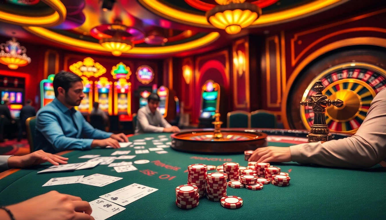 Experience the excitement of gaming at https://winvn.wiki with a vibrant casino scene filled with poker players.