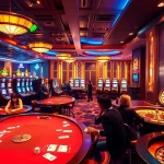 Cwin casino gaming scene with vibrant tables, slot machines, and engaged players, highlighting excitement.