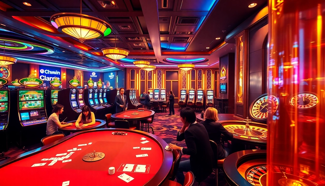 Cwin casino gaming scene with vibrant tables, slot machines, and engaged players, highlighting excitement.