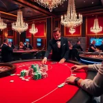 Gamblers engaging in a high-energy poker game at 888b casino, vibrant atmosphere with colorful chips.