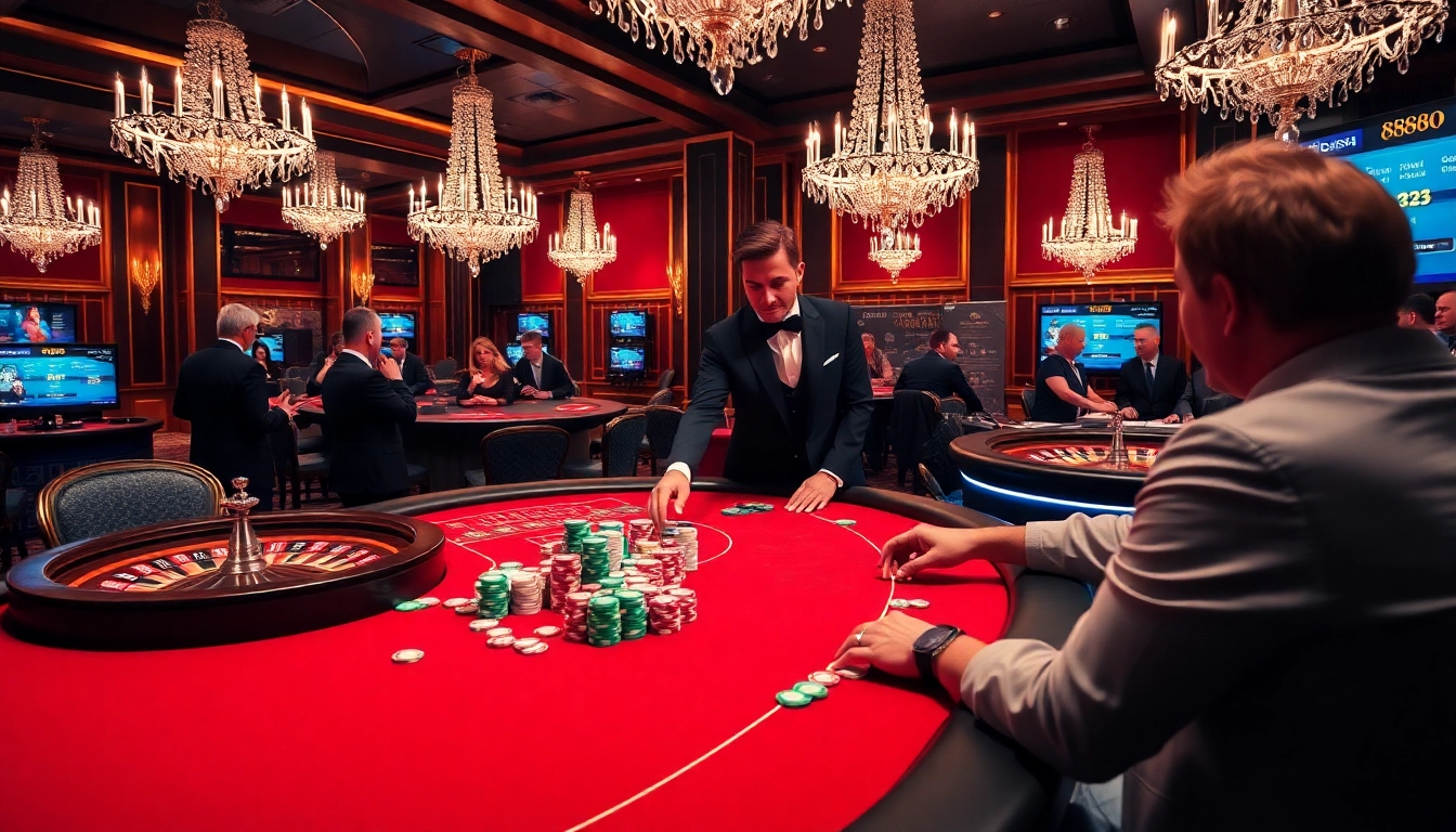 Gamblers engaging in a high-energy poker game at 888b casino, vibrant atmosphere with colorful chips.