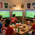 Experience live football on Cakhia TV with enthusiastic fans enjoying a match at home, surrounded by vibrant decor and refreshments.