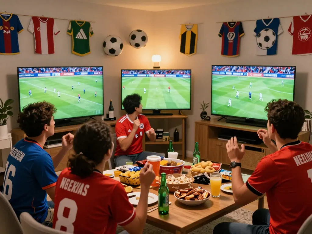 Experience live football on Cakhia TV with enthusiastic fans enjoying a match at home, surrounded by vibrant decor and refreshments.
