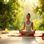 Meditator in a serene space promoting mental wellness through mindfulness and tranquility.