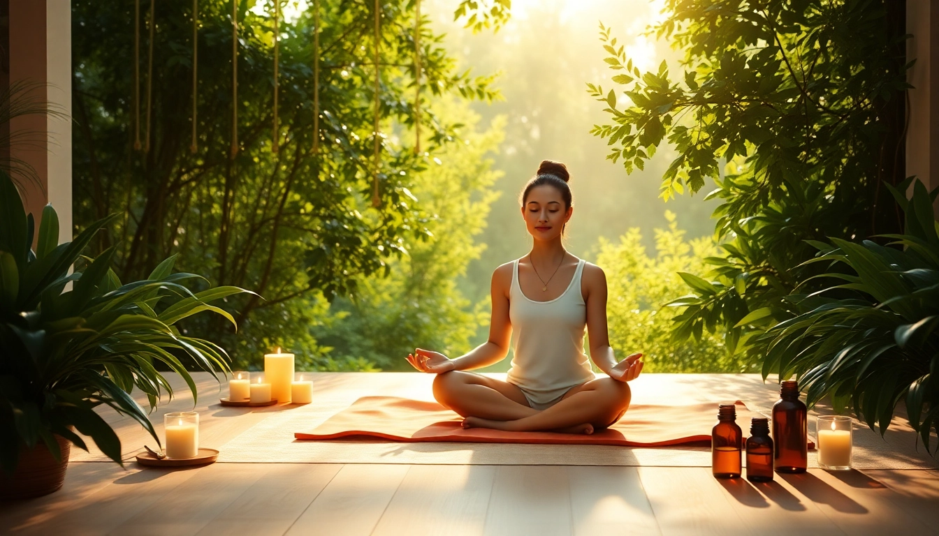 Meditator in a serene space promoting mental wellness through mindfulness and tranquility.