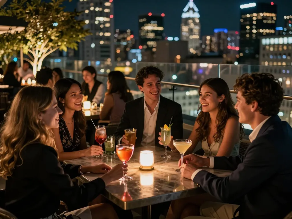 Enjoying cocktails at the NOHU rooftop bar while engaging in strategic gambling.