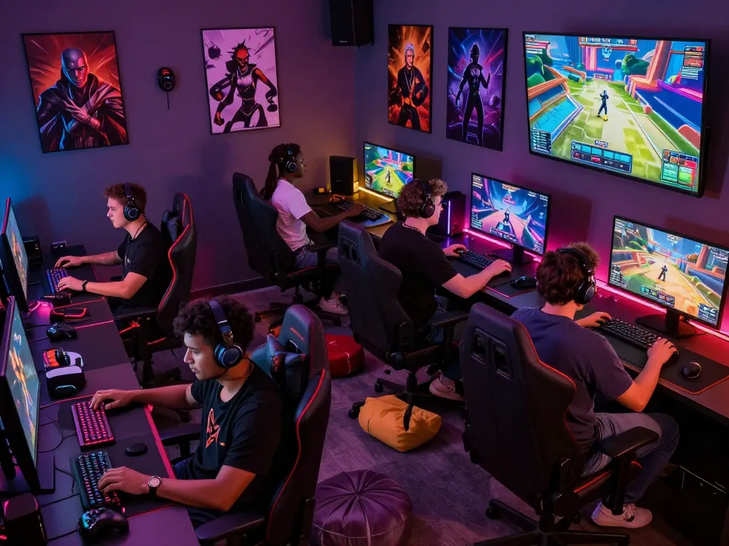 Players enjoying immersive sex games with vibrant graphics and modern gaming accessories in an energetic setting.