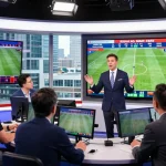 Expert discussing kèo nhà cái in a vibrant sports analysis studio with live statistics.