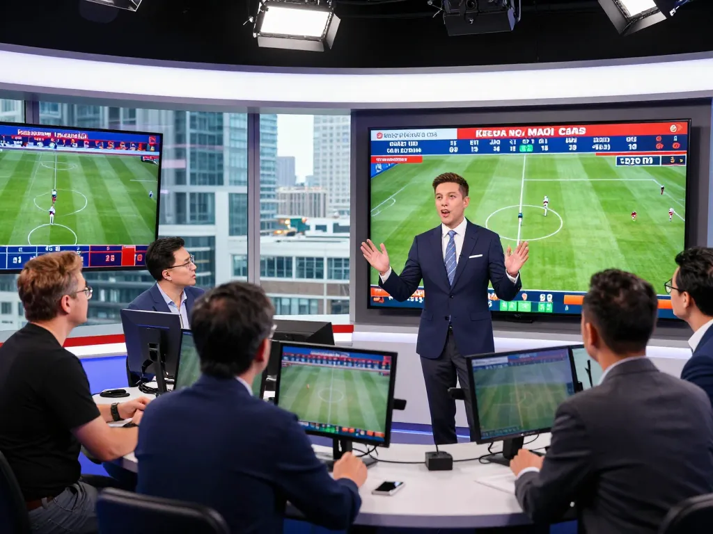 Expert discussing kèo nhà cái in a vibrant sports analysis studio with live statistics.