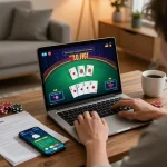 Engaged player using laptop for online poker at https://shbet.id/ with cards in view and warm ambiance.
