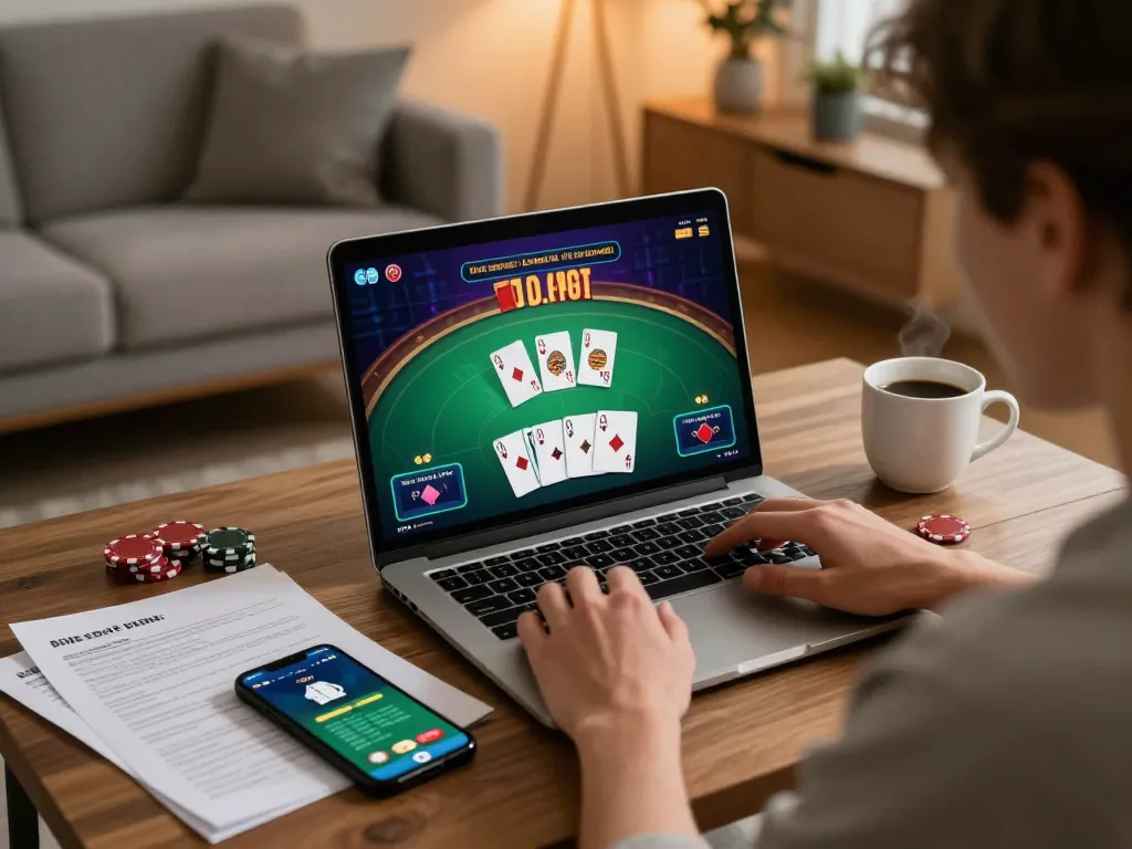 Engaged player using laptop for online poker at https://shbet.id/ with cards in view and warm ambiance.