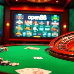 Experience the thrilling atmosphere of open88 with a luxurious casino scene featuring poker chips and a roulette wheel.