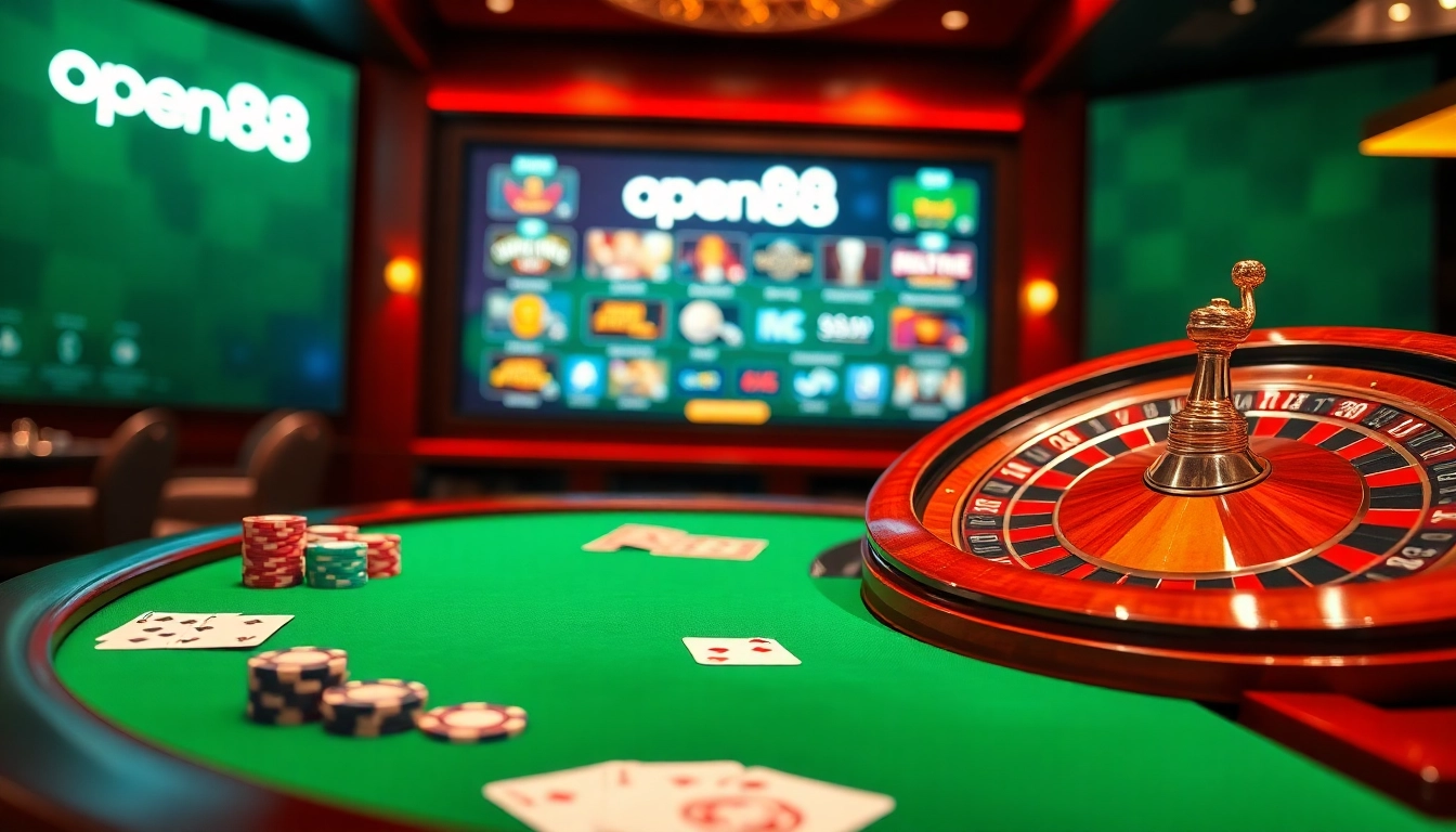 Experience the thrilling atmosphere of open88 with a luxurious casino scene featuring poker chips and a roulette wheel.