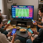 Exciting moment of friends betting on rikbet while watching live sports together.