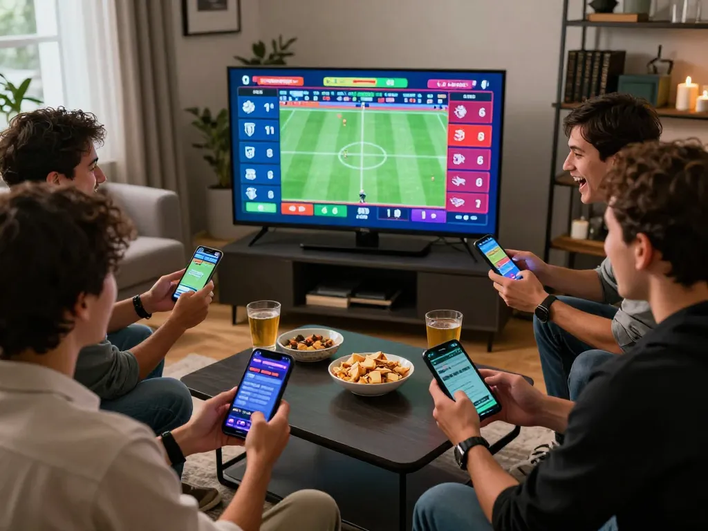 Exciting moment of friends betting on rikbet while watching live sports together.