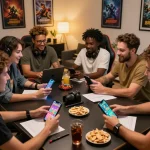 Lô đề online gaming excitement with diverse friends enjoying an engaging session in a modern apartment.