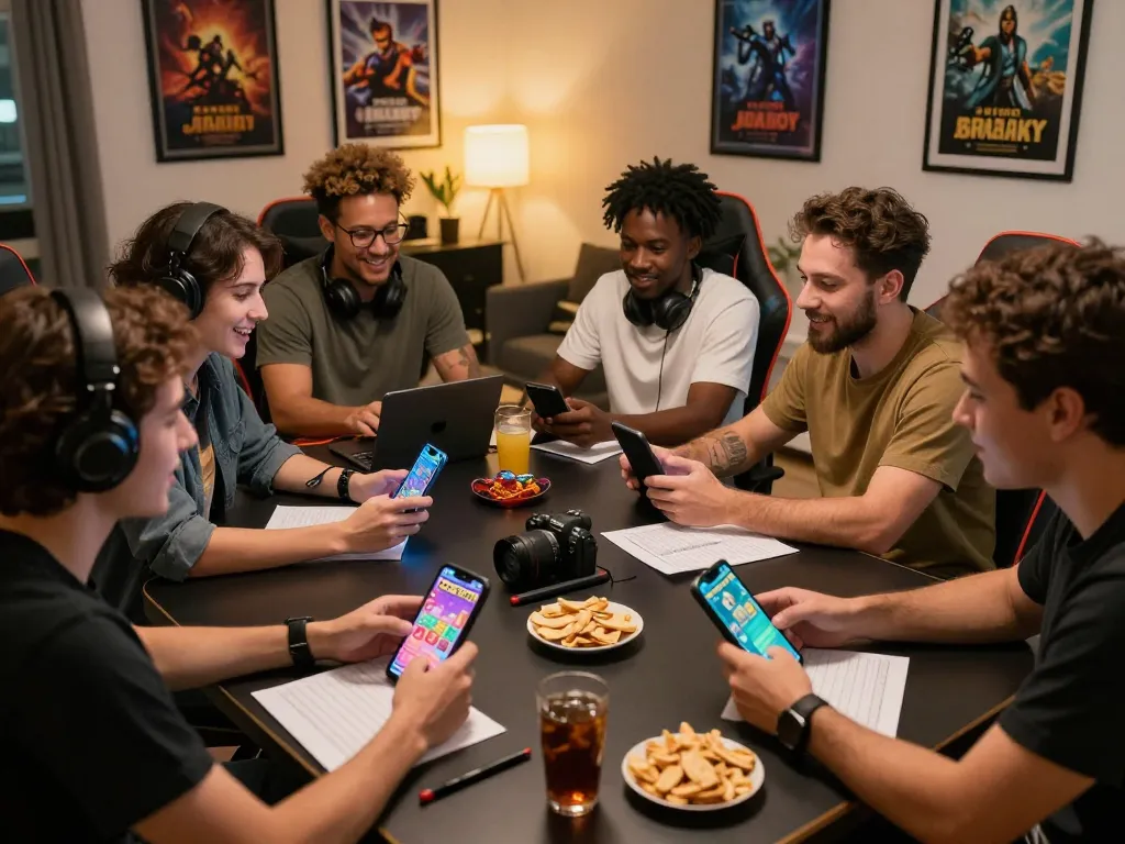 Lô đề online gaming excitement with diverse friends enjoying an engaging session in a modern apartment.