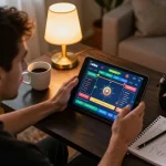 Player engaged in online xibet gambling on tablet with strategic notes nearby in cozy home setting