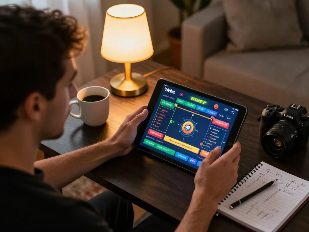 Player engaged in online xibet gambling on tablet with strategic notes nearby in cozy home setting